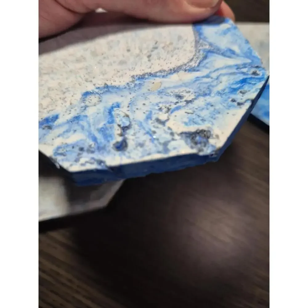 4 White/Blue/Gray Marbled Eco Resin Stone Look Hexagon Coasters 3 5/8” Handmade